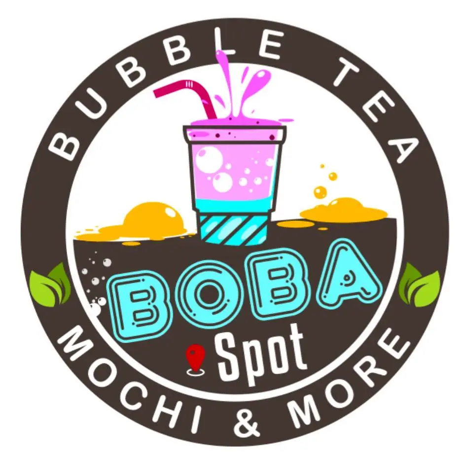 A black circle includes two phrases Bubble tea, mochi and more and a Boba tea cup on the middle of it above the word Boba spot cafe