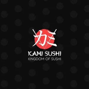 logo of restaurant for sushi in Alexandria consists of red circle and 2 chinese letters below it (kami sushi) word and kingdom of sushi .