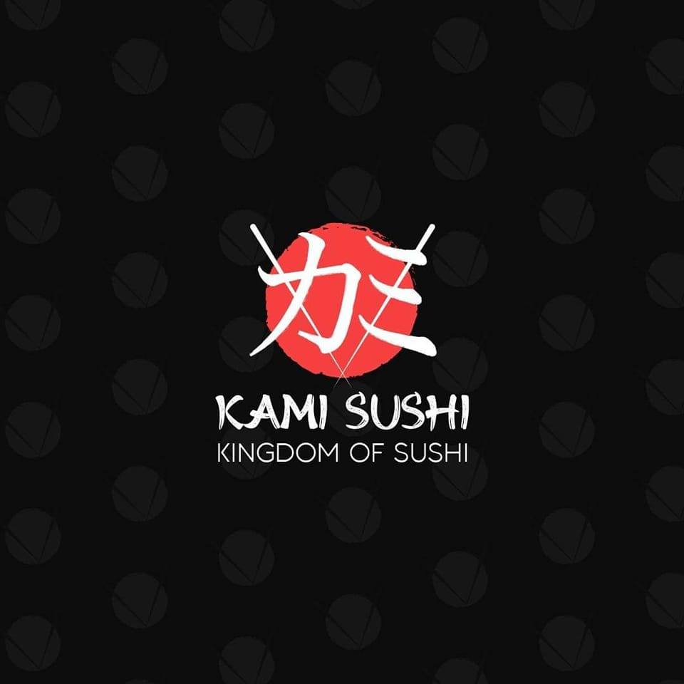 Red circle includes two chinese letters and the word kami shushi and the phrase king of sushi the logo is for kami sushi a restaurant for sushi in Alexandria