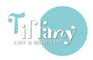 the word tiffany on light blue and white colors intersecting with light blue circle and below it the phrase (Cafe and restaurant) one of the best restaurants in alexandria