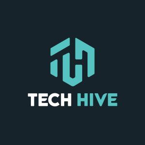 software company in Alexandria logo consists of the letters T and H in a light blue color and the word tech hive with black background