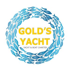 gold's yacht (dubai luxury yacht rental) logo consists of group of fishes formatting a circle inside it the word gold's yacht below it yacht and boat charter in a golden color