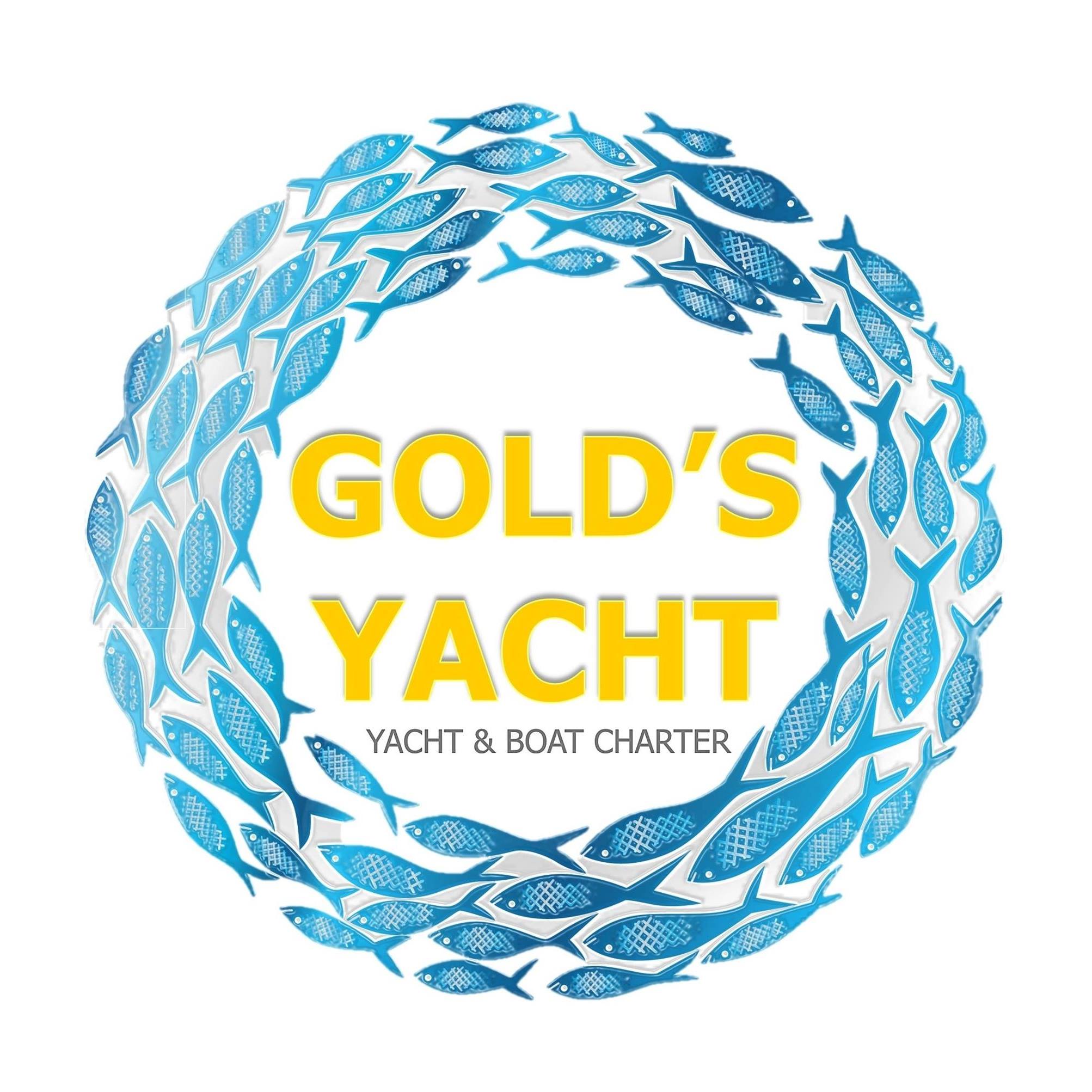 dubai luxury yacht rentaln logo consists of group of fishes formatting a circle inside it the word gold's yacht below it yacht and boat charter in a golden color