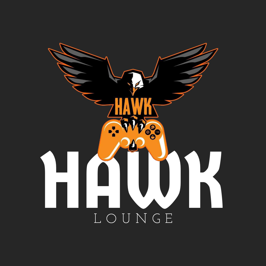 A hawk holding a PlayStation controller and the word hawk lounge one of the best Alexandria cafes