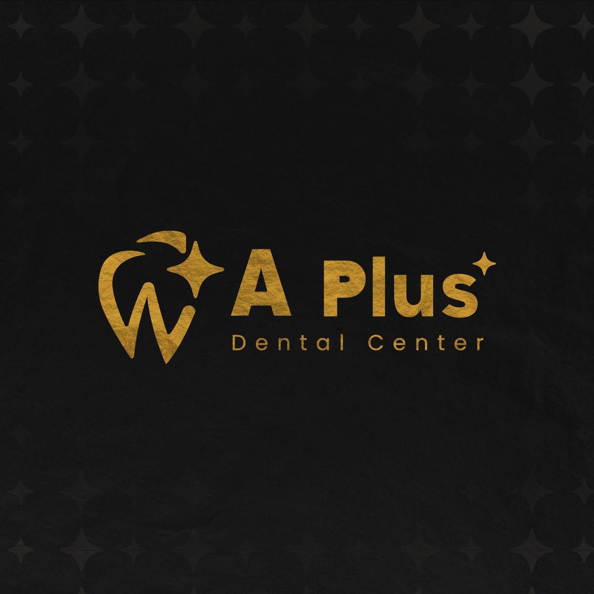 A plus dental clinic logo including the word A plus dental center in a golden color besides a molar and a black background